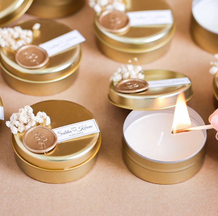 Personalized Mini Candle Favors: Bulk Wedding Candles in Metal Box