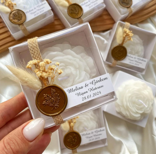 Rose Candle Wedding Favors, Rustic Boxed, Personalized Label
