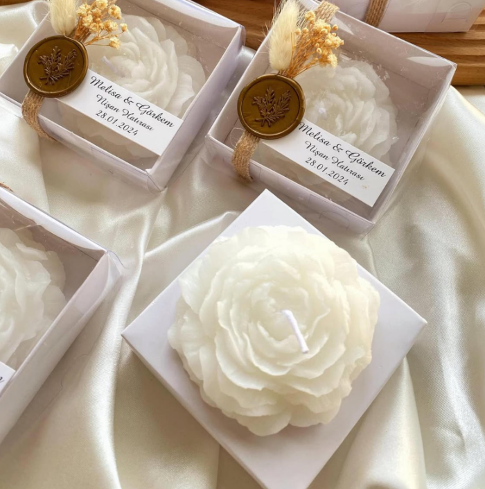 Rose Candle Wedding Favors, Rustic Boxed, Personalized Label