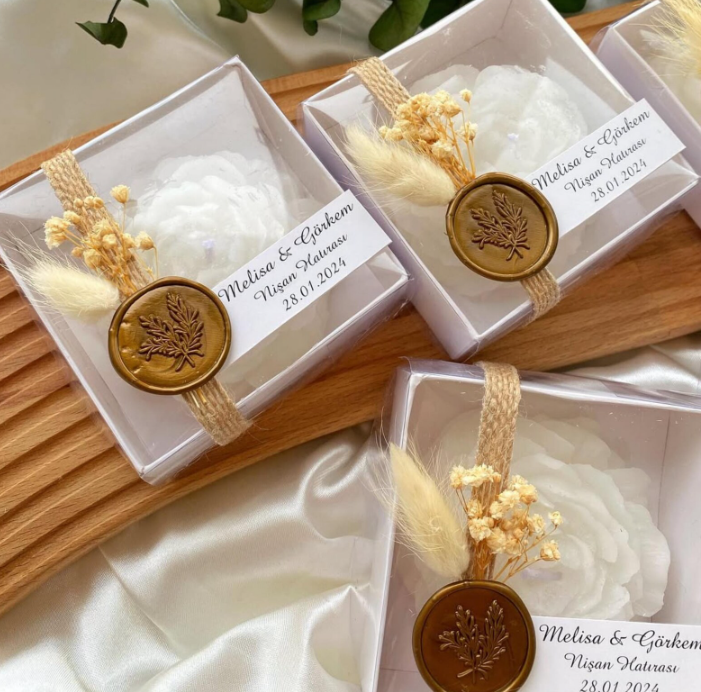 Rose Candle Wedding Favors, Rustic Boxed, Personalized Label