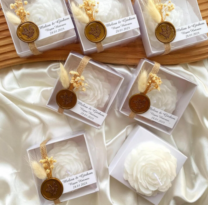 Rose Candle Wedding Favors, Rustic Boxed, Personalized Label