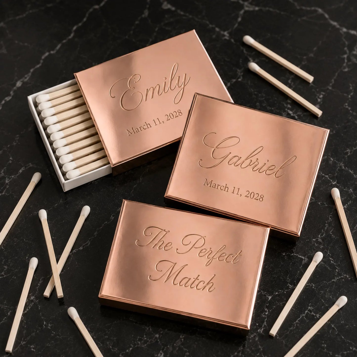 Custom Rose Gold Mirror Matchboxes | Personalized Wedding Favors